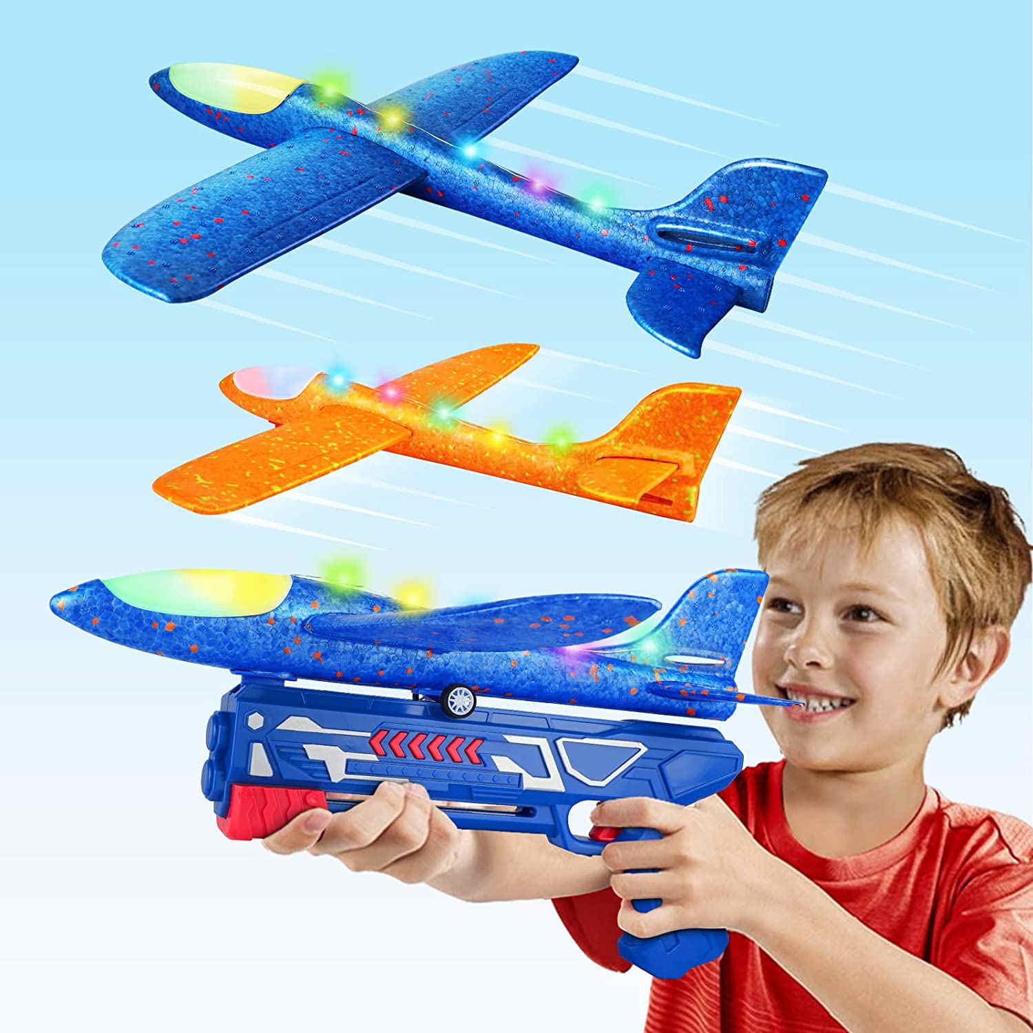 Aomifmik 2 Pack Airplane Toys with Launcher, 2 Flight Modes LED Foam Glider Catapult Plane Toy, Outdoor Flying Toy for Boys Girls 
