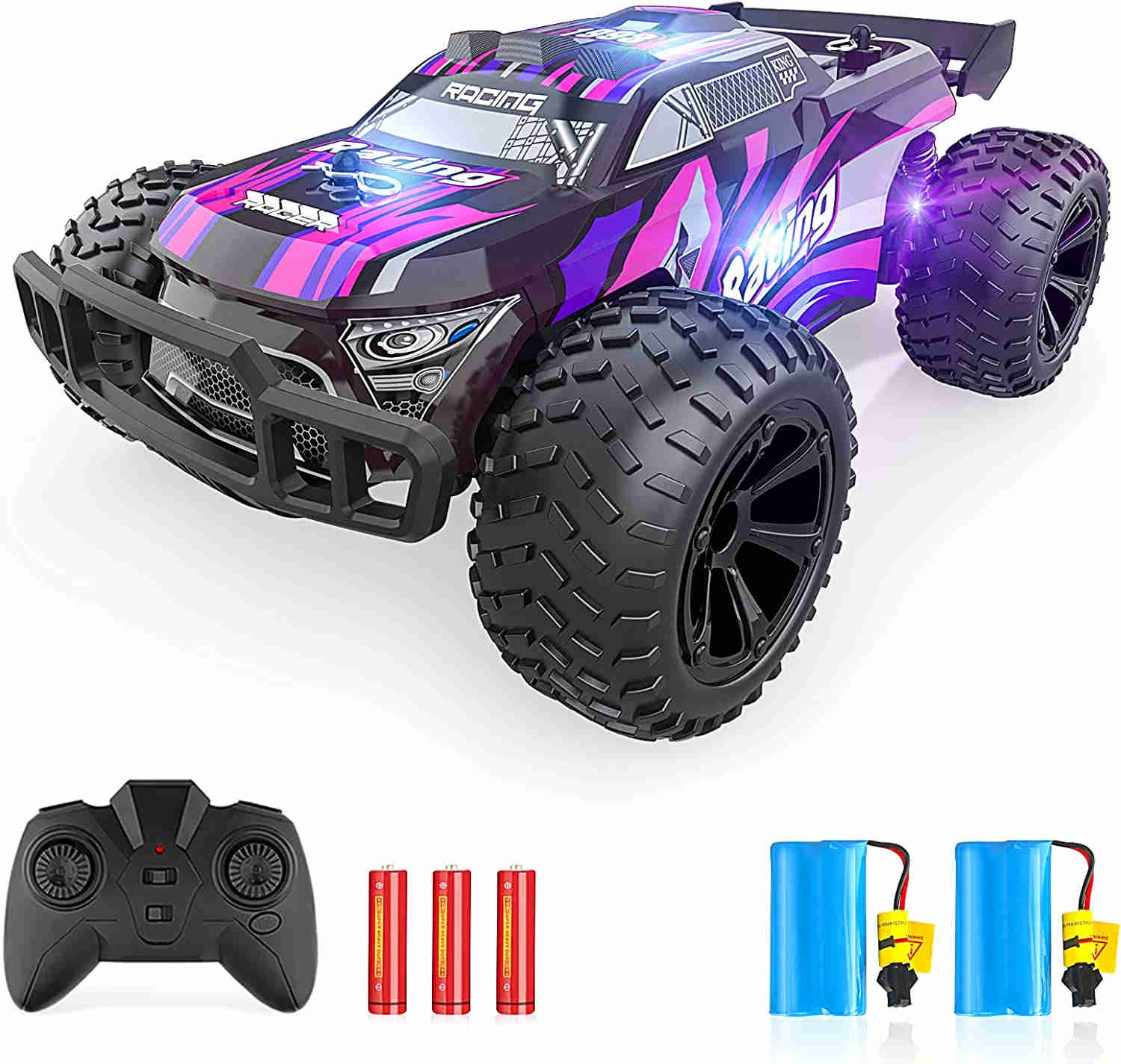 Aomifmik Remote Control Car, 2.4GHz High Speed RC Cars, Off Road Hobby RC Racing Car with 2 Rechargeable Batteries and Led Lights, Electric Toy Car Gift for 3 4 5 6 7 8 Year Old Boys Girls Kids