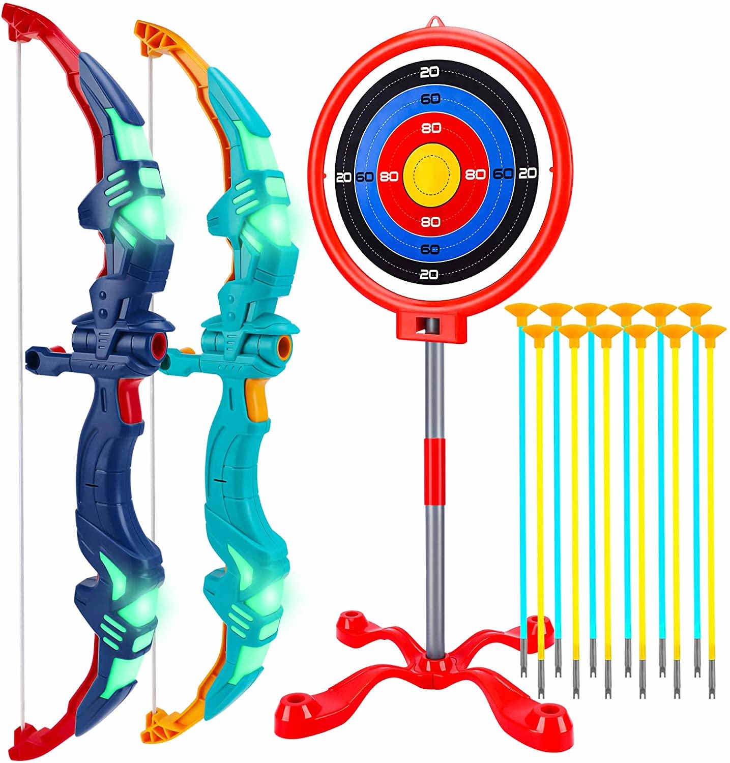 Aomifmik 2 Pack Bow and Arrow for Kids, Light Up Archery Toy Set with 12 Suction Cup Arrows & Standing Target