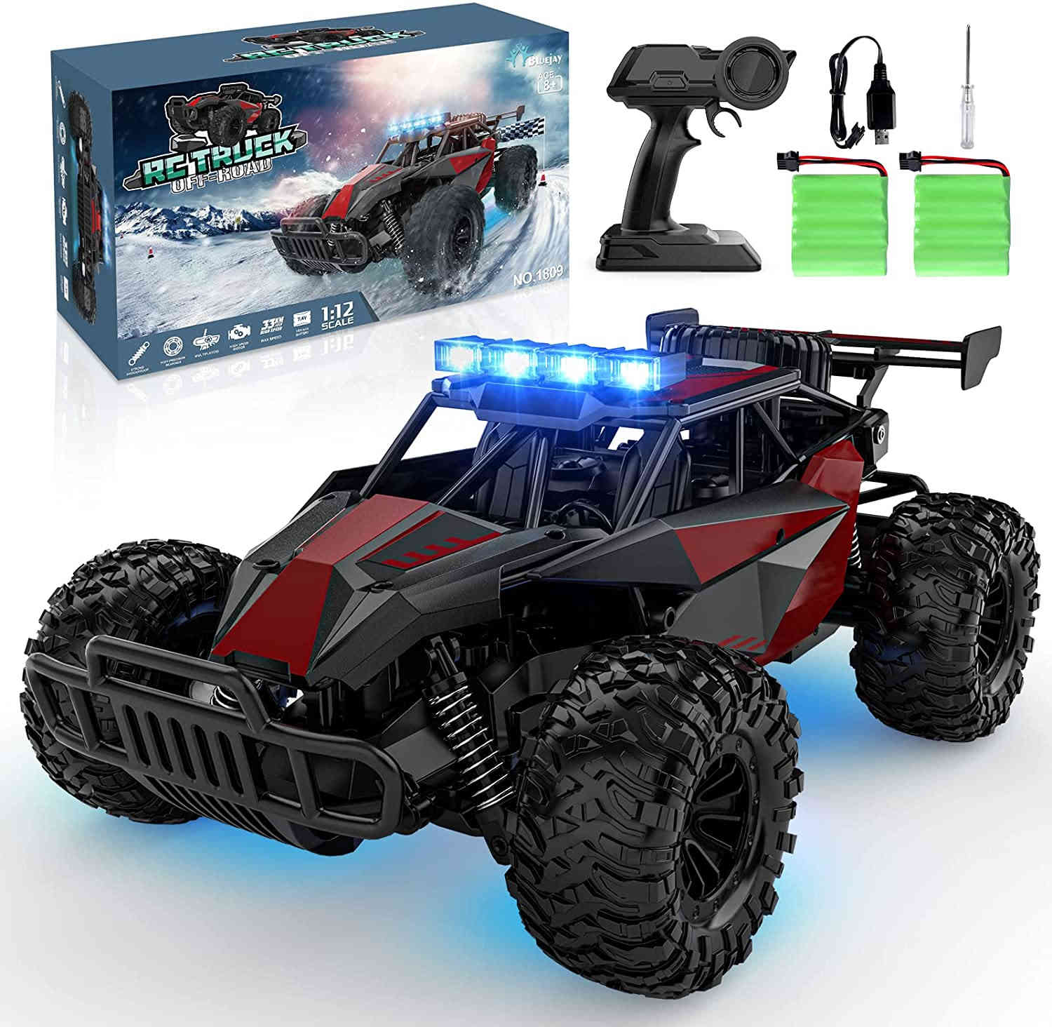 Aomifmik Remote Control Car - 2.4GHz High Speed 33KM/H RC Cars Toys, 1:12 RC Monster Trucks Offroad Hobby RC Truck Toys with LED Headlight and Rechargeable Battery Gift for Adults Boys 8-12 Kids